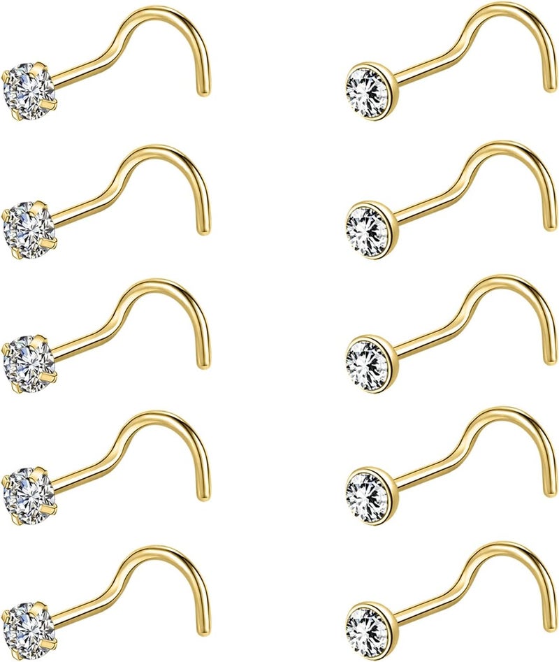 AccGin Store 6-10Pcs 18G 20G Nose Ring Surgical Steel Nose Rings Studs Piercing For Women Men 1.5mm 2mm 2.5mm 3mm Round Diamond CZ L Shaped Corkscrew Gold Black Silver Nose Piercing Hypoallergenic - Image 1